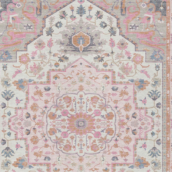 Pink and gray oriental area rug with central medallion and floral motifs, detailed border.