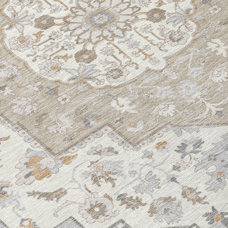 Close-up of beige round oriental rug with floral motifs and textured pattern