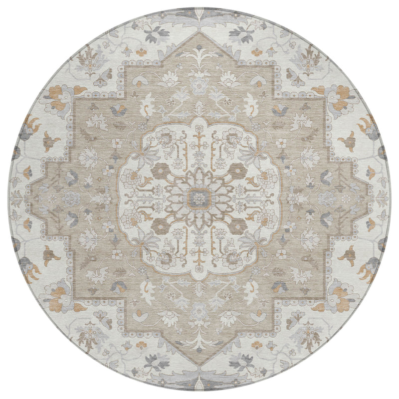 Beige round oriental area rug with central medallion and decorative corner panels