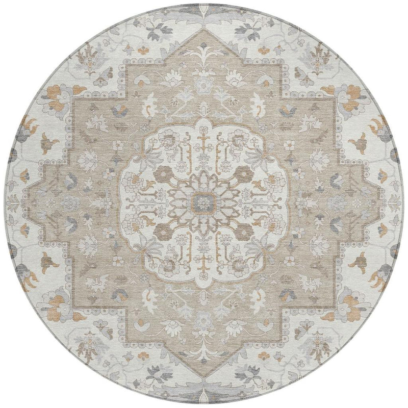 Round oriental area rug in beige with symmetrical medallion and thin contrast edge