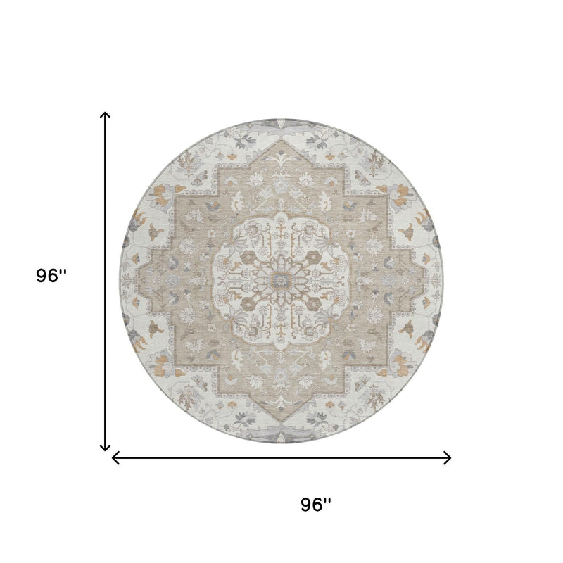 Round oriental area rug, beige base with ornate medallion; 96 in diameter shown