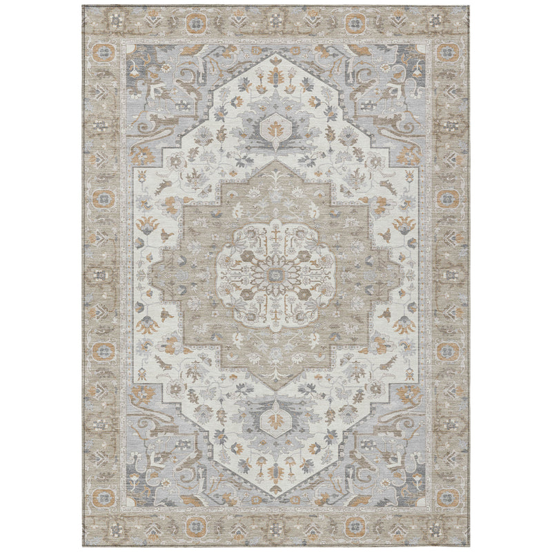 Beige and copper oriental area rug full view with center medallion and wide border