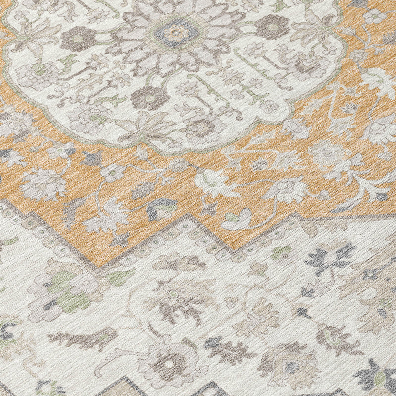 Close-up of Oriental area rug pattern in cream with peach-gold blocks and gray vines