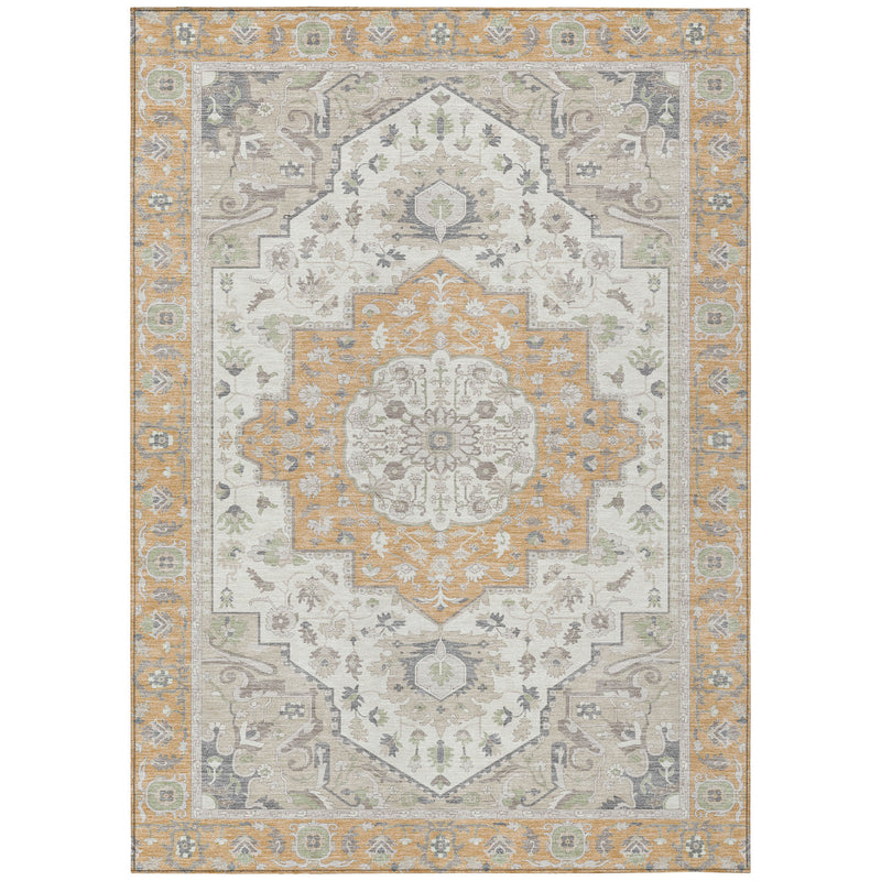 Oriental area rug full view with cream field, peach-gold center medallion, and gray border