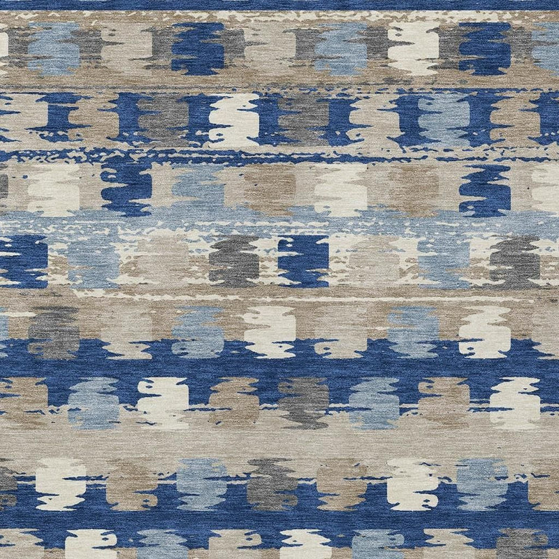 Abstract washable area rug featuring navy blue and beige rectangular blocks pattern.