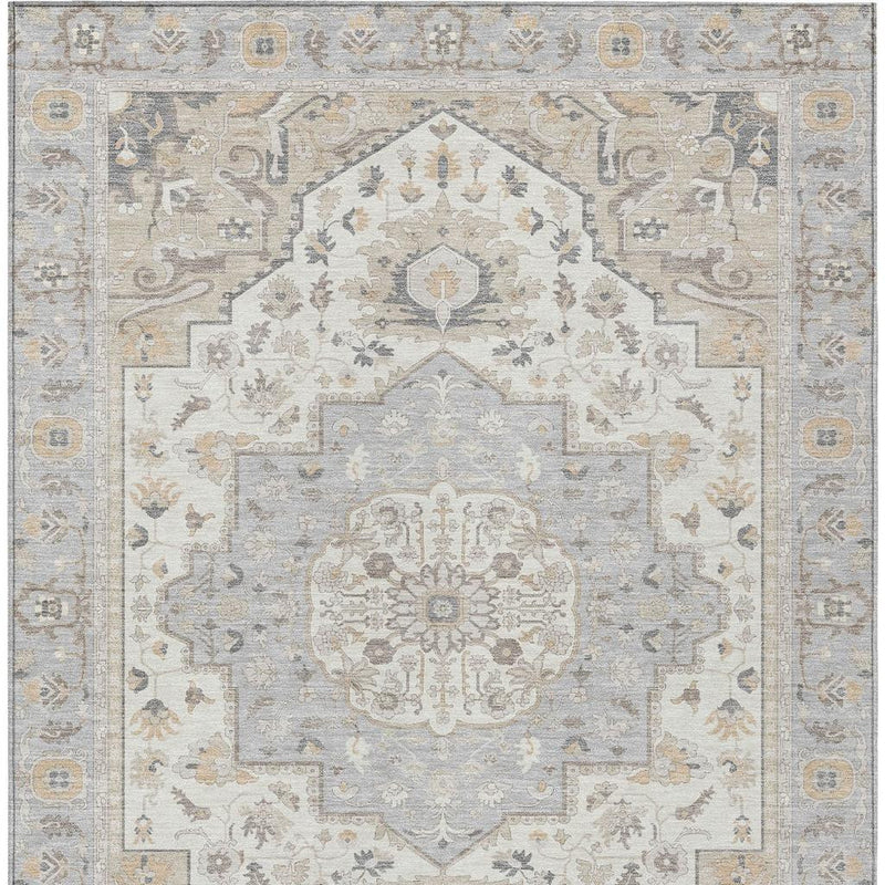Ornate oriental area rug with cream medallion and light blue-gray geometric border