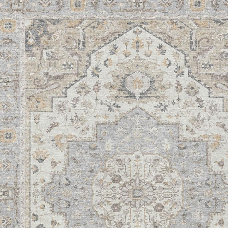 Oriental area rug close view with ornate cream center and blue-gray border details