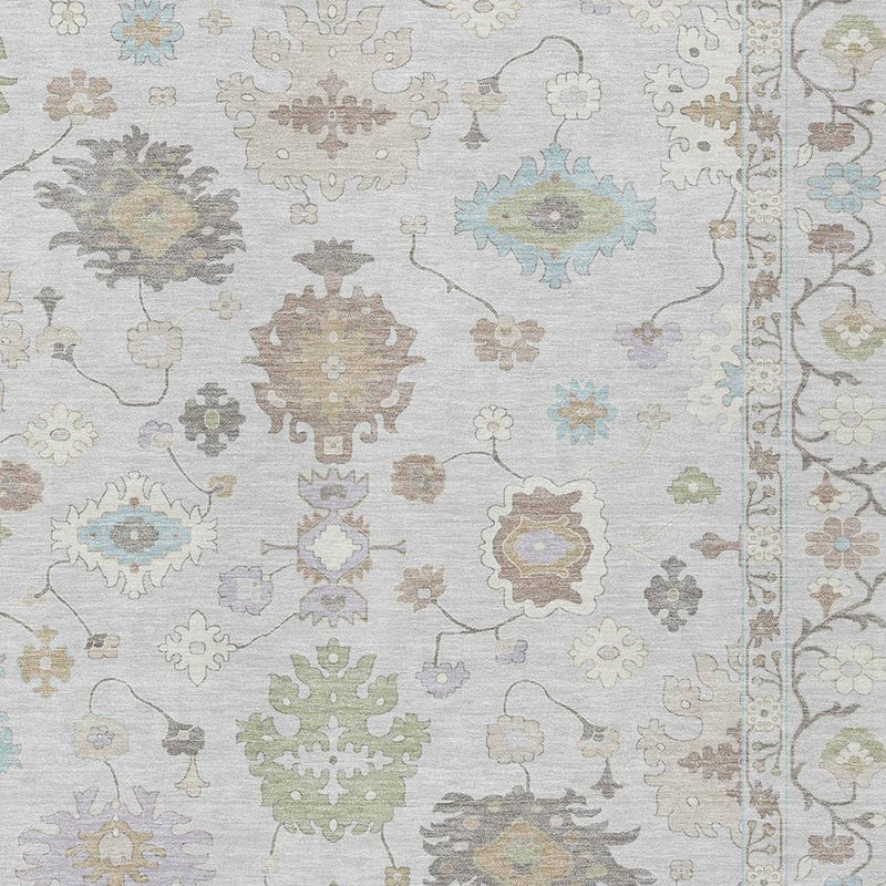 Gray area rug featuring multicolor oriental motifs and detailed border lines.