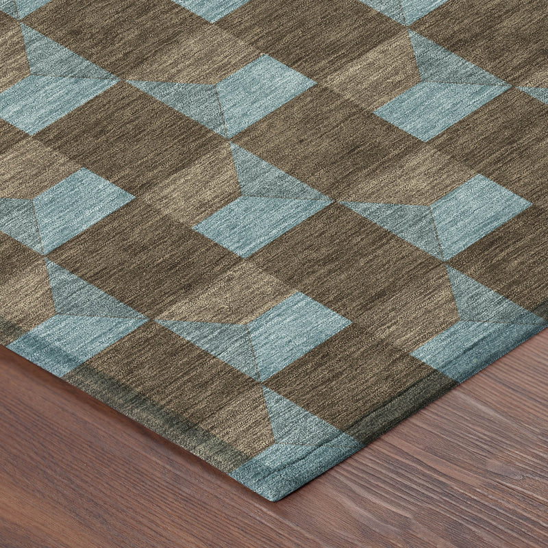 Brown and light blue geometric area rug with corner view and textured pile