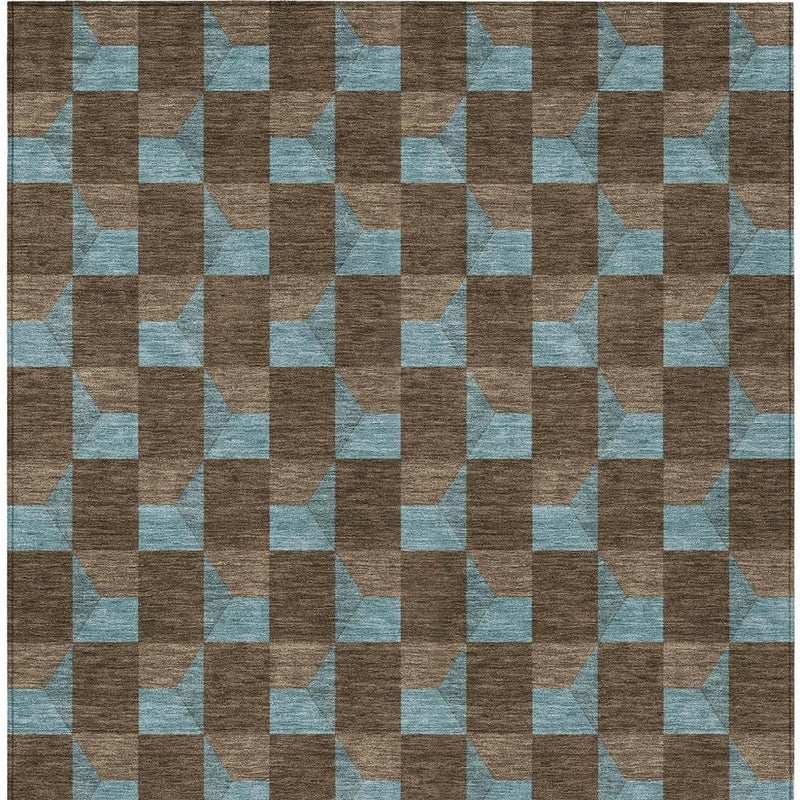 Brown and light blue geometric area rug with dense repeating block motif