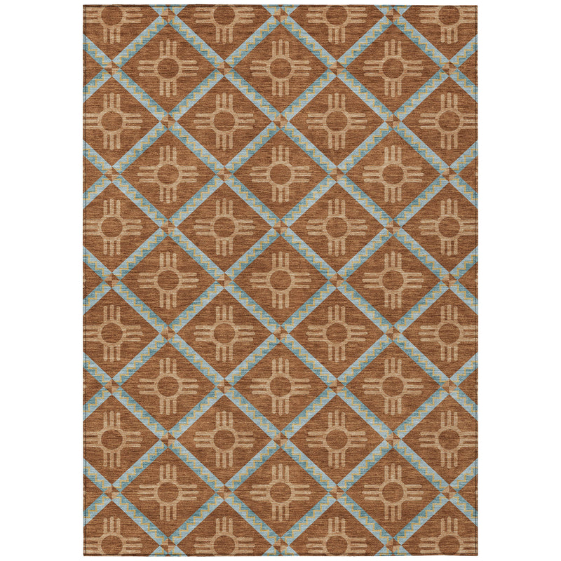 Geometric area rug with repeating brown diamonds, light blue lattice, and tan geometric motifs