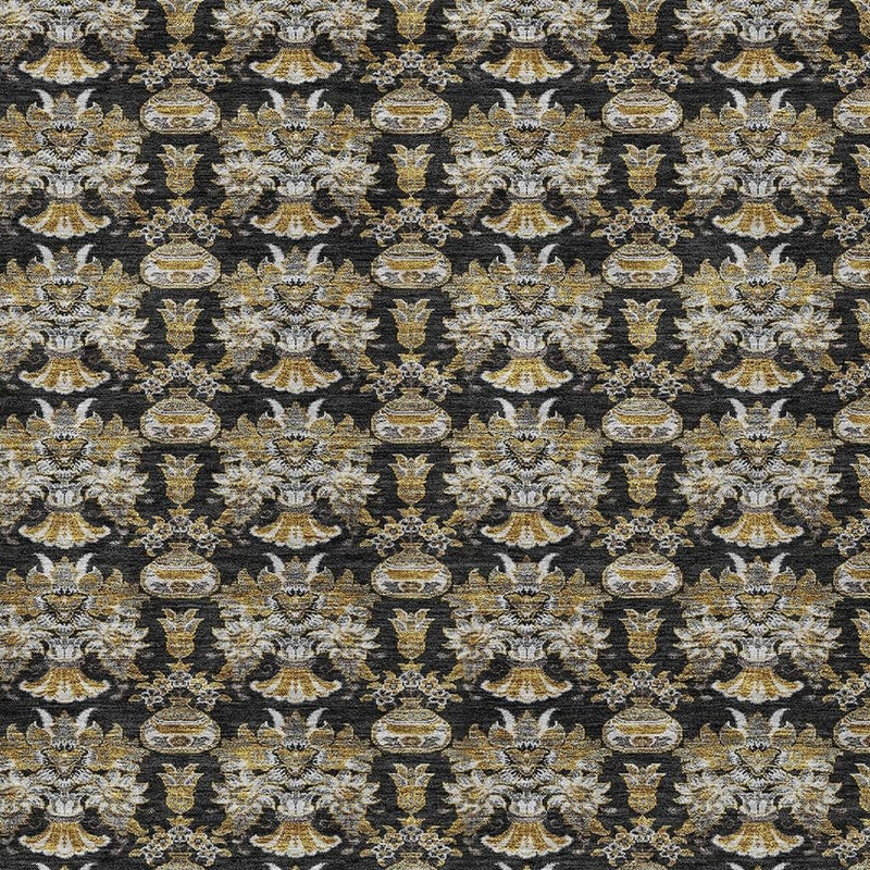Black and wheat repeating floral medallion motif area rug, tight patterned surface