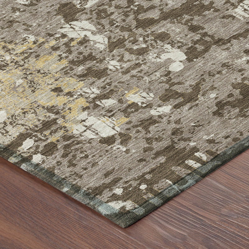 Taupe and ivory abstract area rug corner with edge binding detail