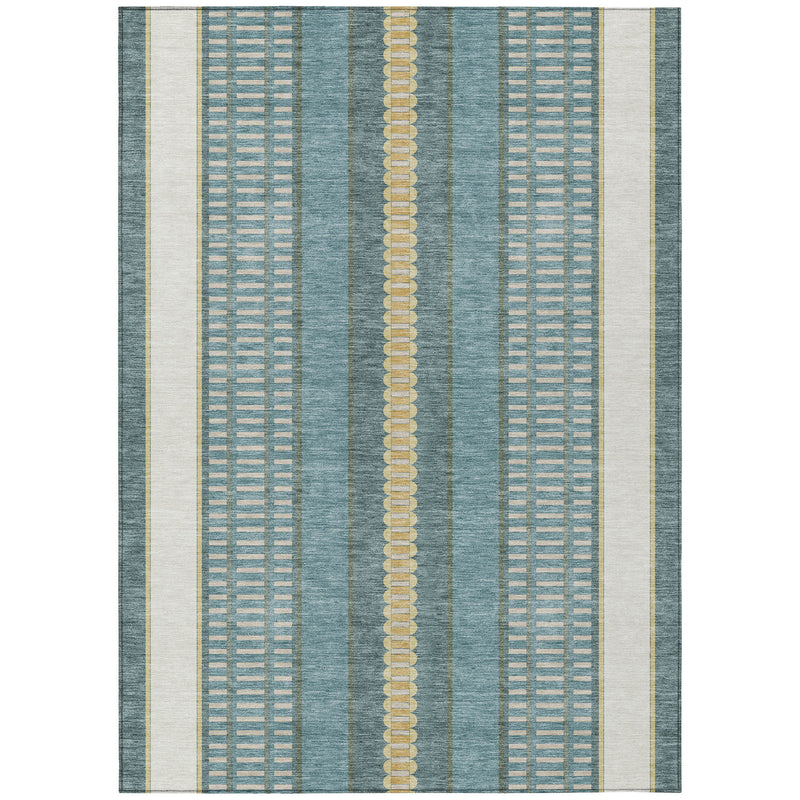 Full view of rectangular teal area rug with gold center stripe and side borders