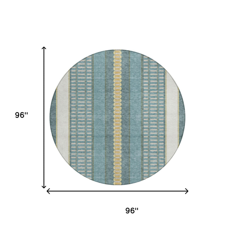 Round area rug diagram, 96 in diameter; teal blue and gold stripe pattern with cream