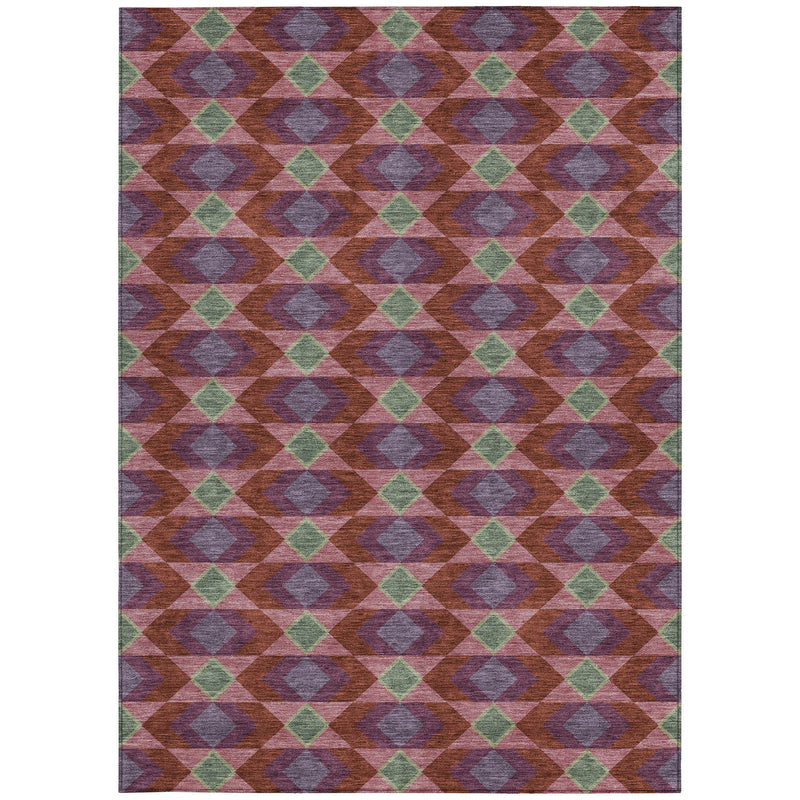 Geometric patterned area rug with burgundy base and repeating gray, purple, and green diamonds