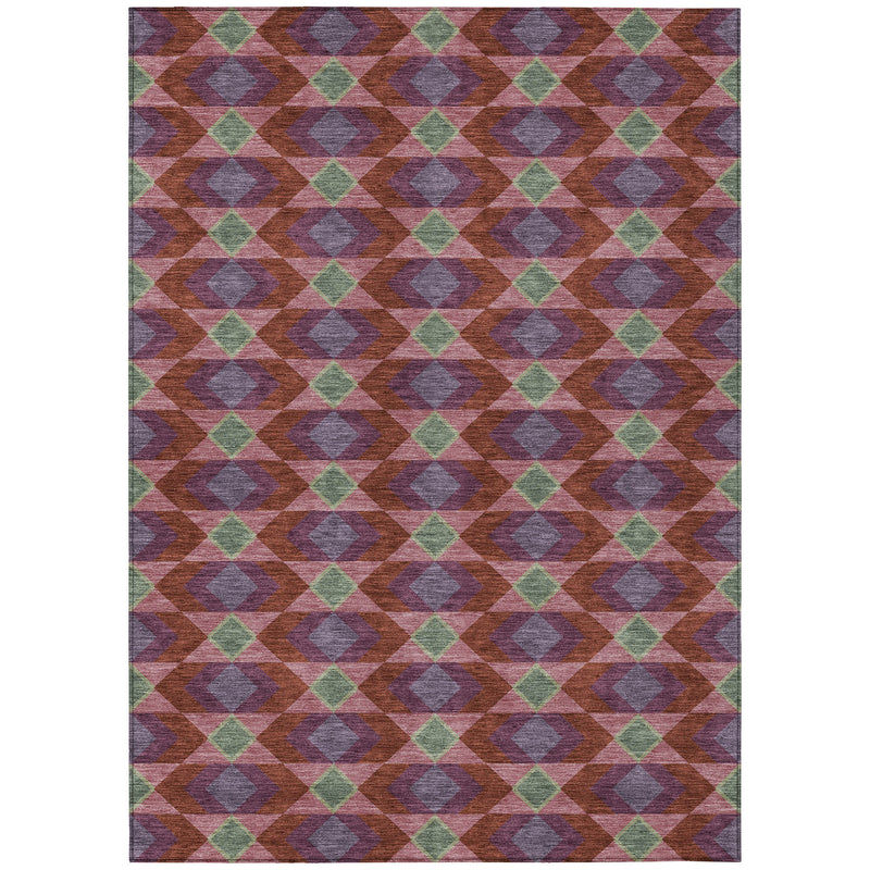 Multicolor geometric area rug with burgundy border and diamond shapes in gray, purple, and green