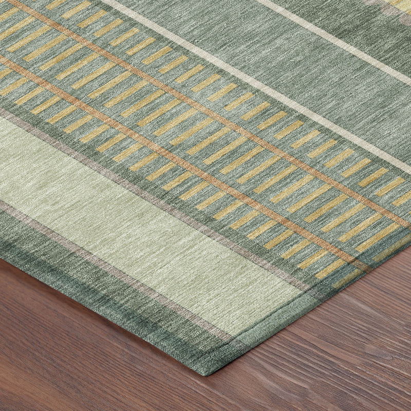 Corner view of green striped rug with cream border and denim blue accent lines