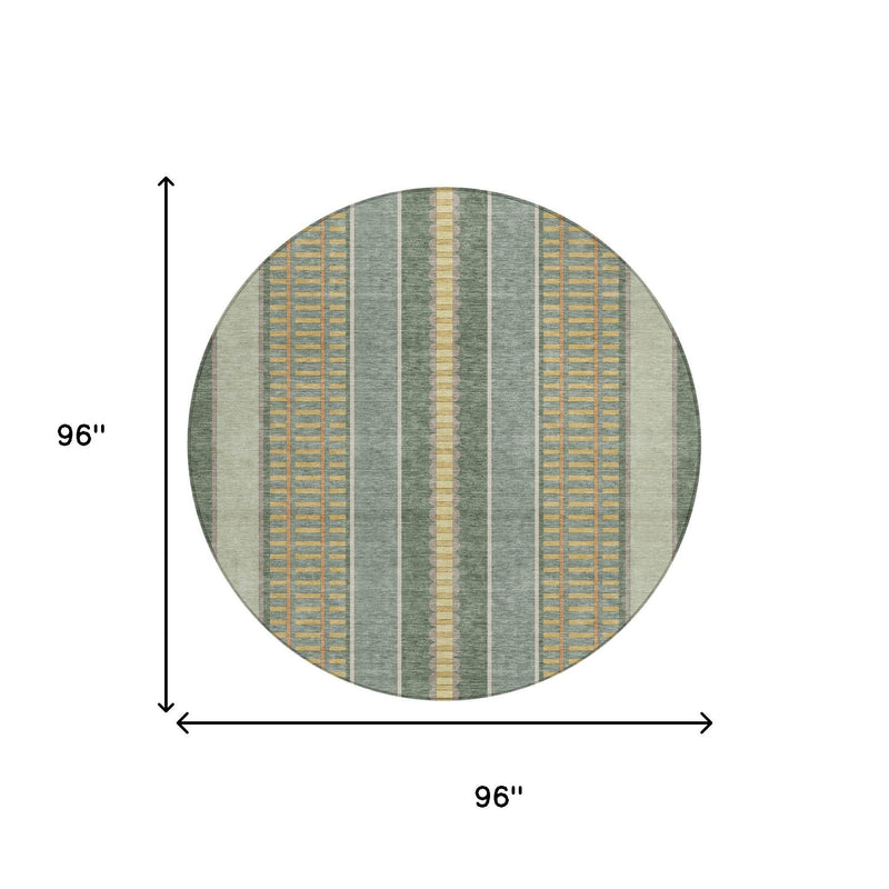 Round area rug layout: green, cream, and denim blue vertical striped design