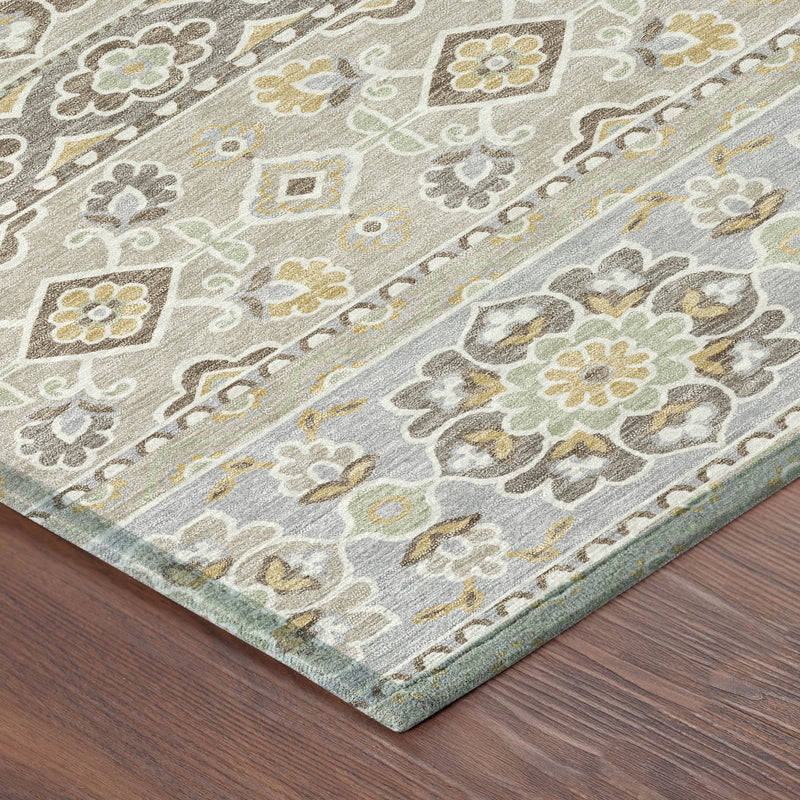 Beige and gray tribal area rug with geometric and floral motifs in a distressed wash look.