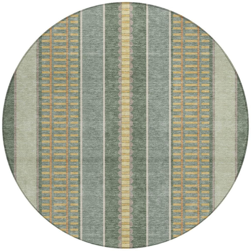Round rug featuring green vertical stripes with denim blue and cream center