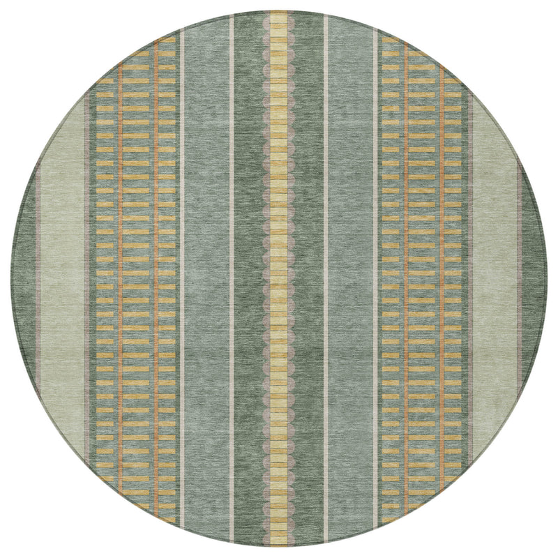 Round indoor outdoor rug with green, cream, and denim blue striped pattern