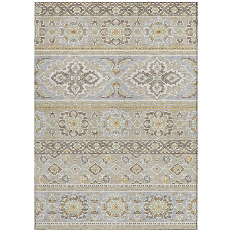 Full view beige and ivory tribal area rug with layered horizontal border bands and flower motifs.