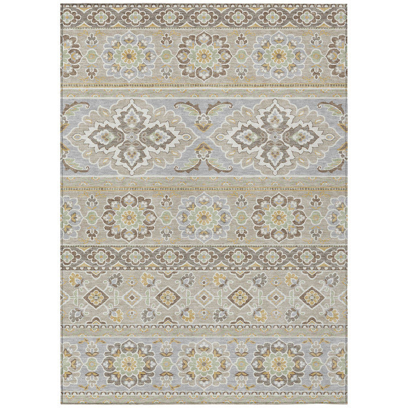 Beige and gray tribal area rug with horizontal stripes and repeating floral rosettes.