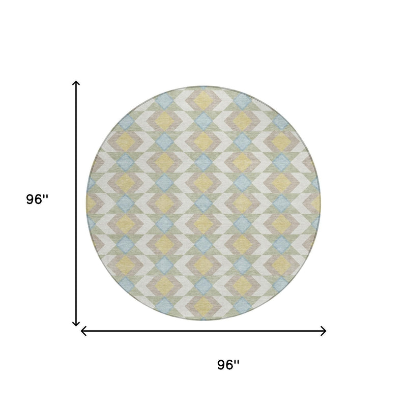Round 96-inch area rug with geometric diamond pattern in ivory, blue, yellow, and green.