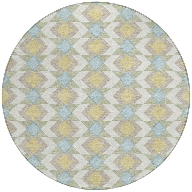 Round geometric area rug in ivory with blue, yellow, and green diamond pattern and thin border.