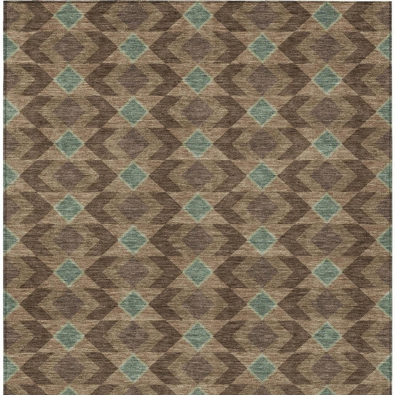 Rectangular area rug featuring brown repeating zigzag diamonds with teal highlights