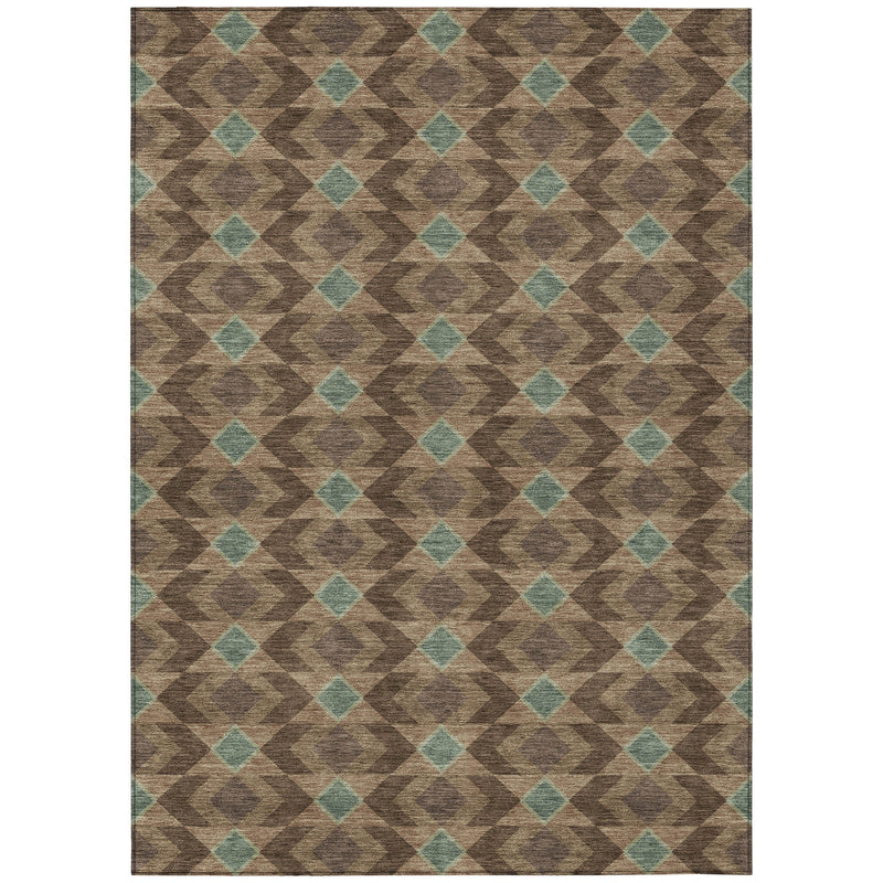 Geometric washable area rug with brown chevron diamonds and teal aqua squares