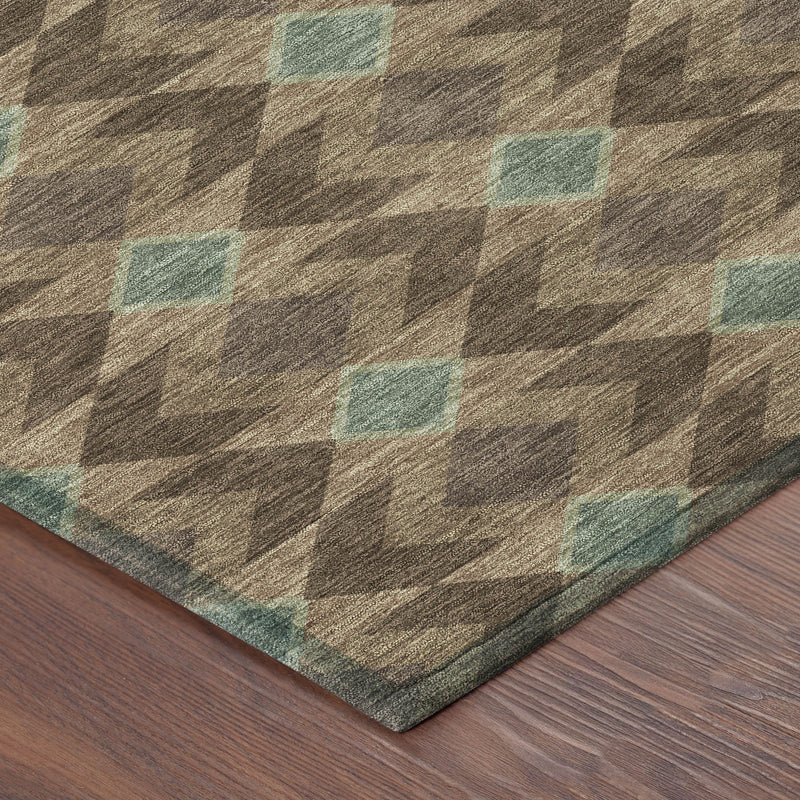 Corner view of geometric area rug in brown with teal diamond accents on ground