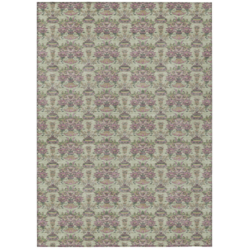 Rectangular green-beige area rug with repeating multicolor floral urn medallions