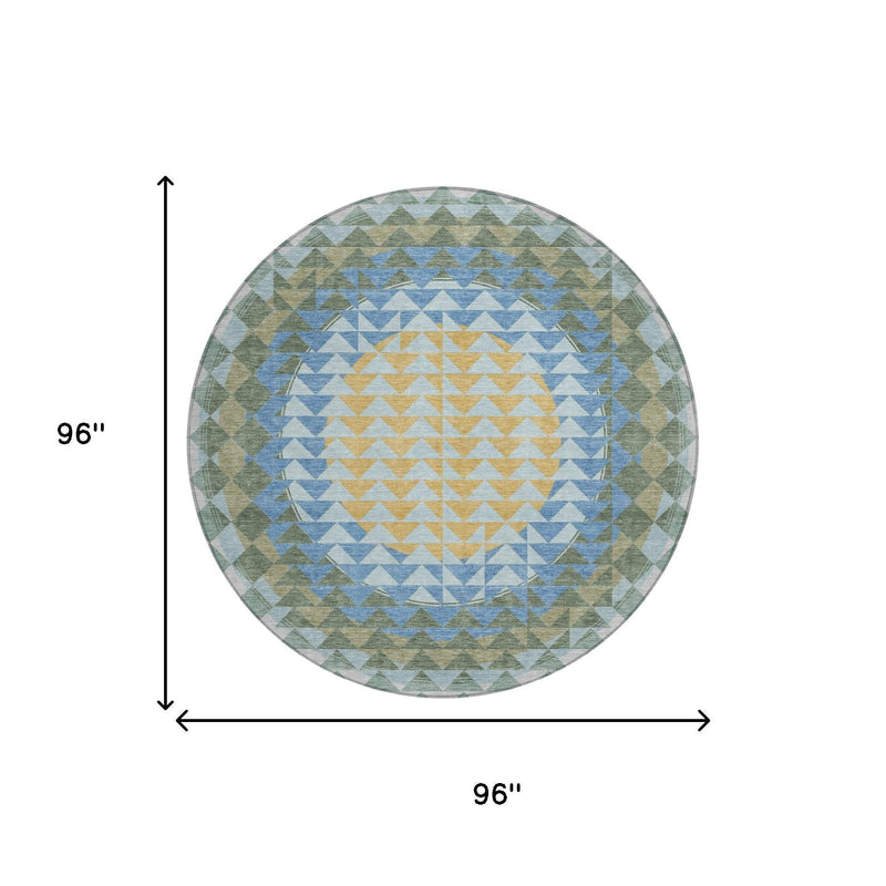 Round area rug, 96 in diameter, geometric chevron pattern in blue, silver, green, yellow