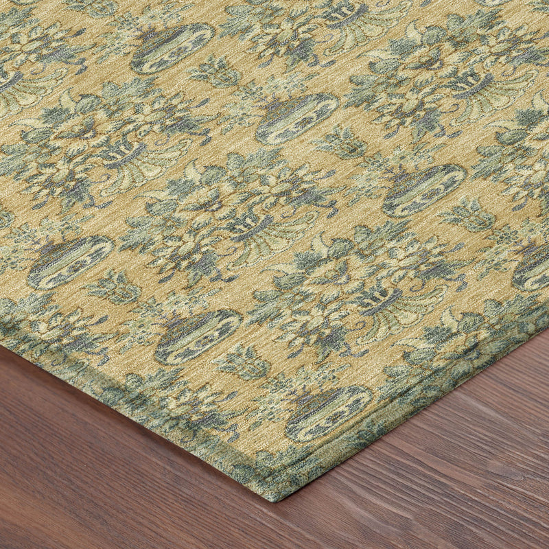 Gold and teal ornamental area rug with repeating floral medallion pattern