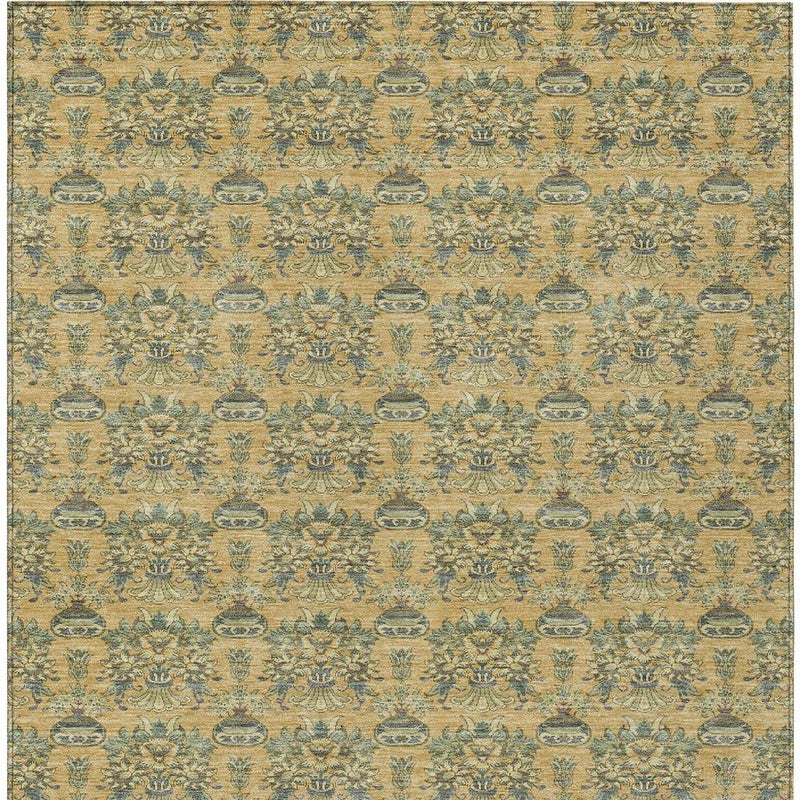 Rectangular area rug with repeating teal damask medallion pattern on gold base