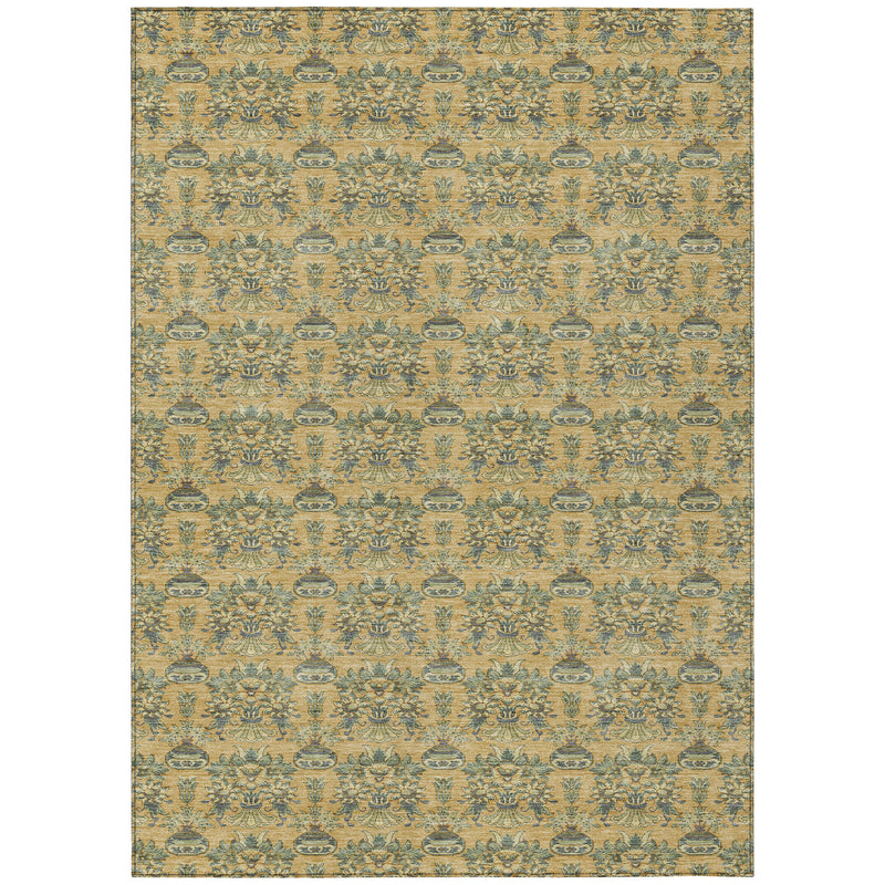 Full view area rug featuring repeating teal medallion motifs on a yellow-gold background