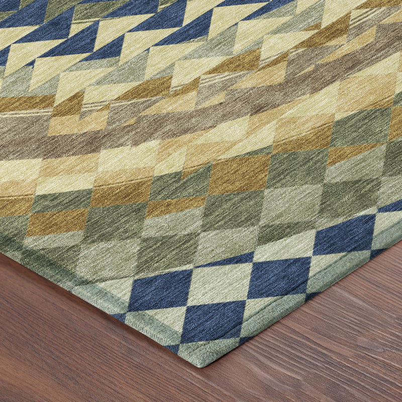 Corner of round geometric area rug with olive, blue, cream, and rust block pattern.