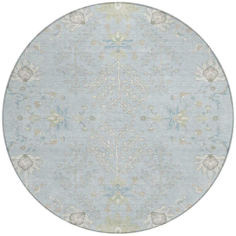 Round sky blue and ivory oriental area rug with allover vine and leaf pattern