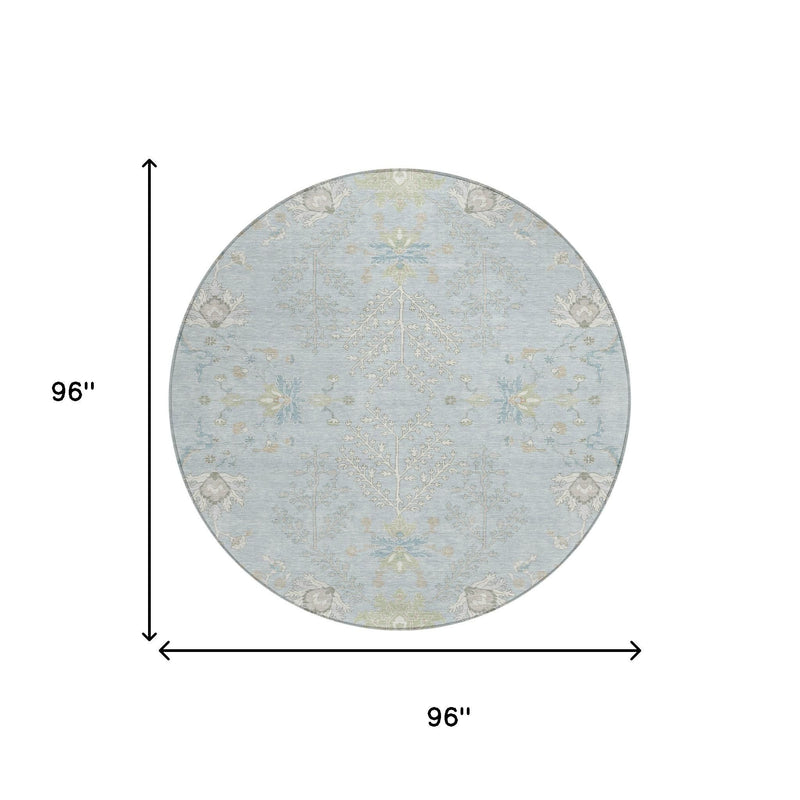 Round sky blue and ivory oriental area rug, 96 in diameter