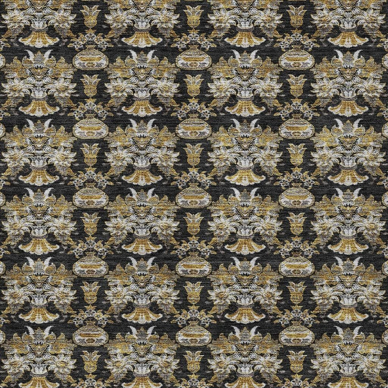 Black area rug with repeating wheat and cream floral damask medallion pattern