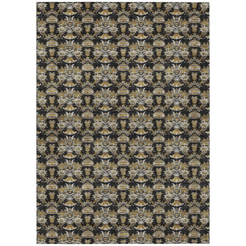 Rectangular black rug with dense wheat, cream, and gray ornamental medallion pattern