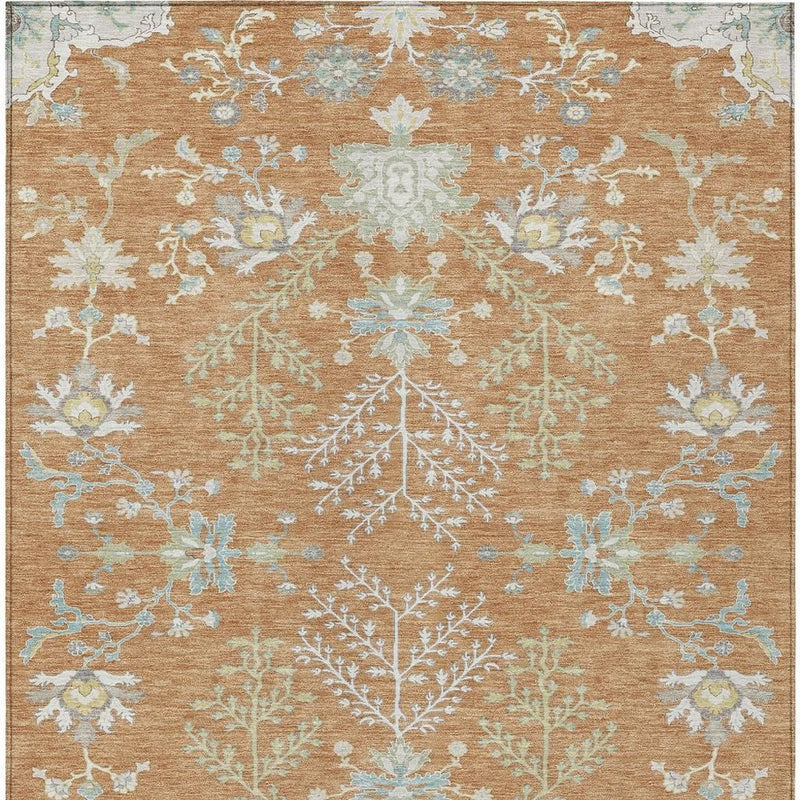 Copper tan oriental rug with symmetrical ivory botanical pattern and pale blue accents
