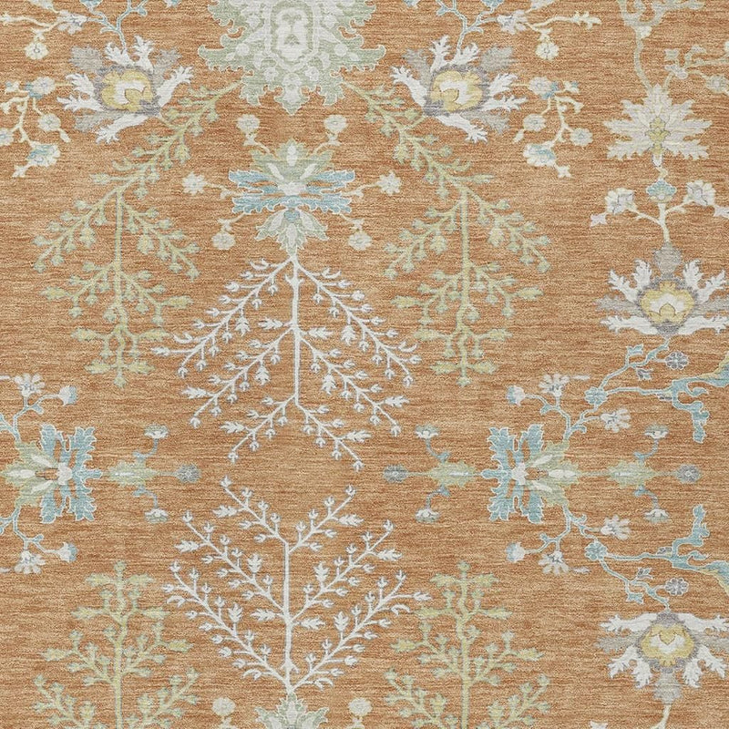 Copper tan oriental area rug with ivory and light blue floral medallion pattern