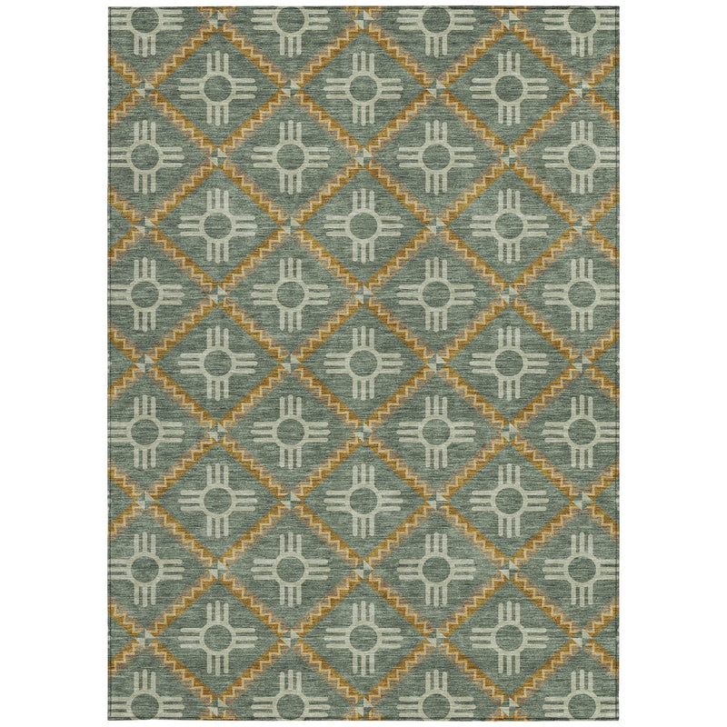 Square area rug in muted teal-green with repeating cream diamond medallion pattern
