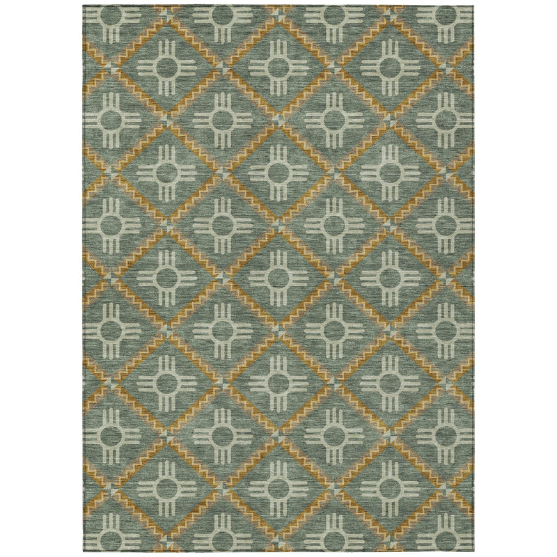 Teal-green geometric rug with cream-and-gold diamond lattice and circular hand motifs
