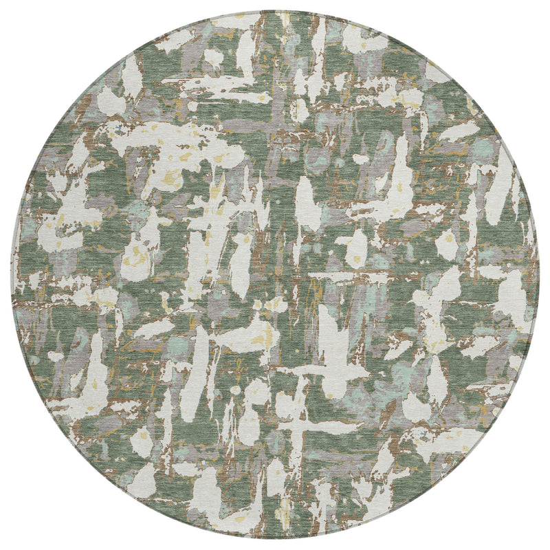 Round abstract area rug, green and beige with scattered white patches