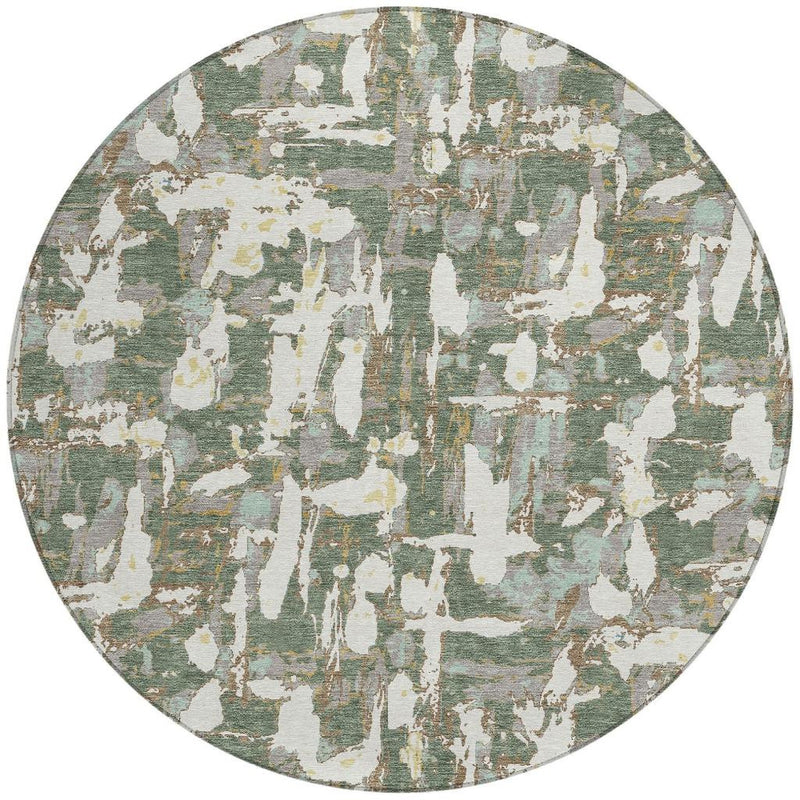 Round abstract area rug, green and beige distressed motif with white highlights