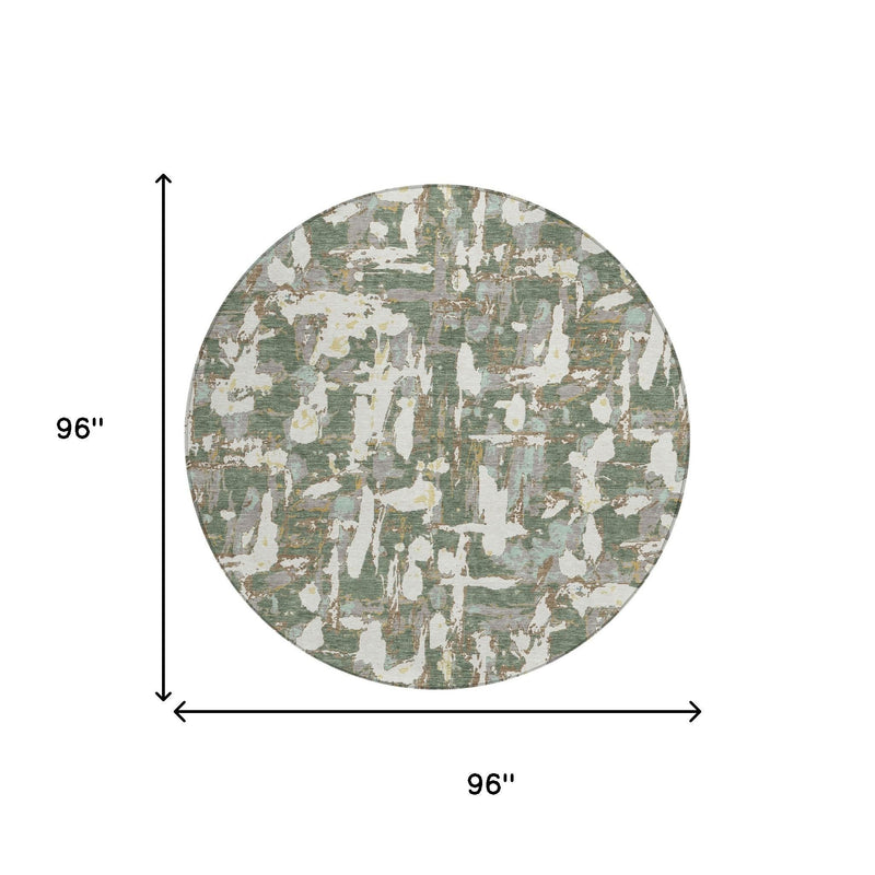 Round abstract area rug size 96 in, green and beige with white distressed pattern